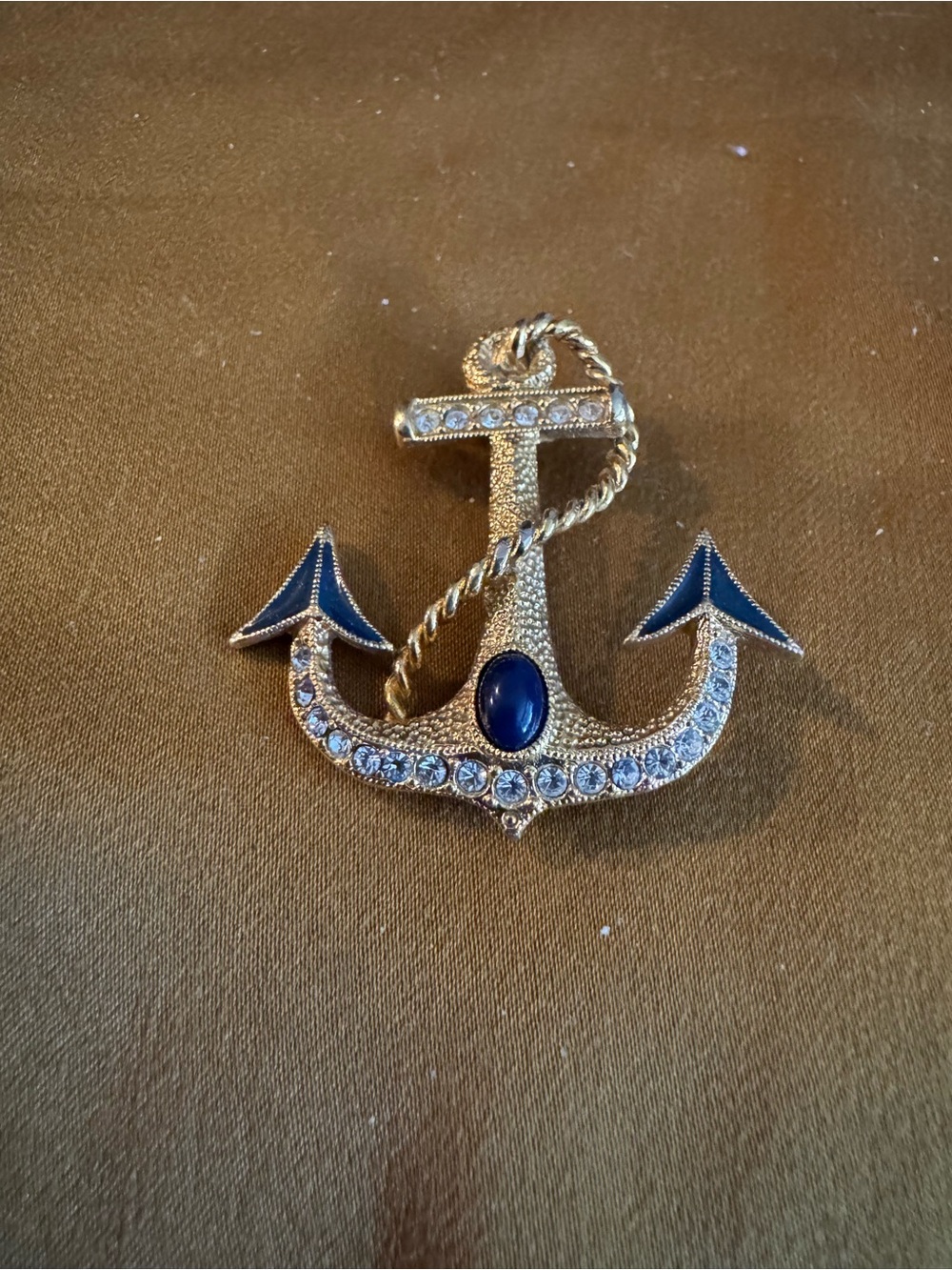 Gold Anchor Brooch with Blue Accents and Rhinestones